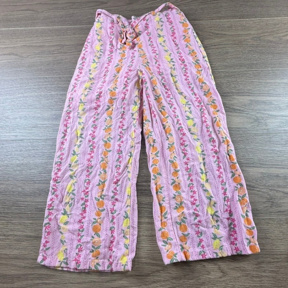 Paisley Lane Girls Pink Citrus Floral Stripe Wide Leg Linen Blend Pants Size 8